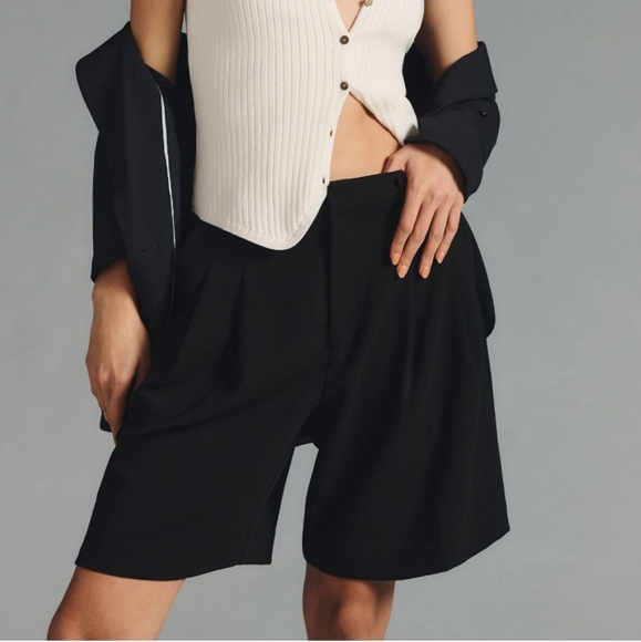 Maeve Anthropologie Avery High Rise High Waist Black Pleated Shorts Fluid Leg 6 - Picture 4 of 13